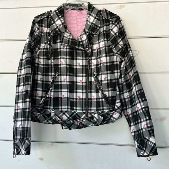 BlackMilk Tartan Heart Moto Jack Women's Size 12 Black Pink Plaid Biker NEW - Picture 2 of 16